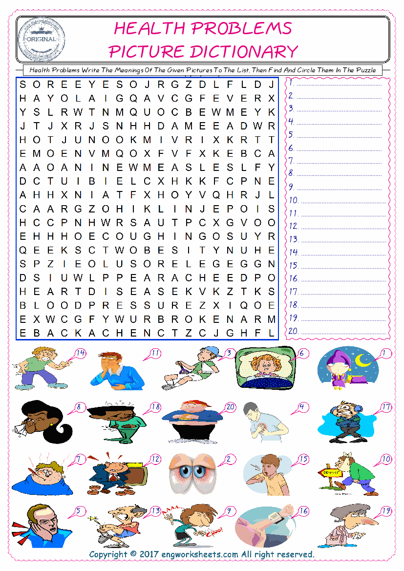  For kids, check the picture of Health Problems find, and write the word and find it in the word puzzle ESL printable worksheet. 